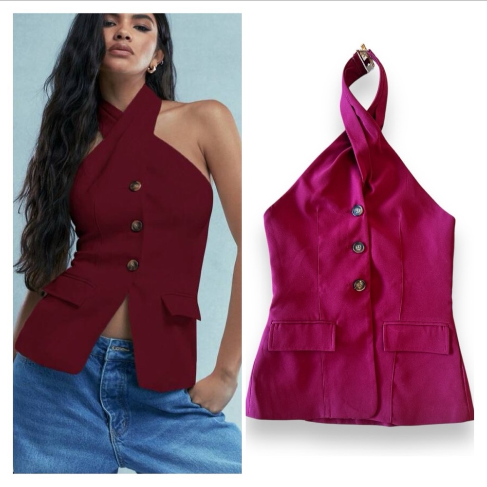 Missguided Buttoned Cross Halter Neck Top – Size Small